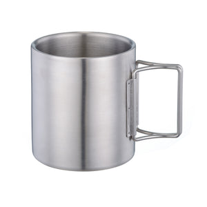 Simple outdoor camping cup coffee mug, double wall stainless steel mug travel mug, foldable handle camping mug, 300ML, silver - yycoffee