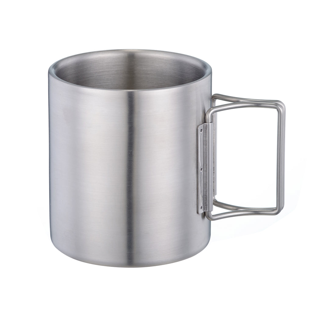 Simple outdoor camping cup coffee mug, double wall stainless steel mug travel mug, foldable handle camping mug, 300ML, silver - yycoffee