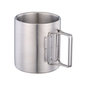 Simple outdoor camping cup coffee mug, double wall stainless steel mug travel mug, foldable handle camping mug, 300ML, silver - yycoffee