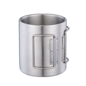 Simple outdoor camping cup coffee mug, double wall stainless steel mug travel mug, foldable handle camping mug, 300ML, silver - yycoffee